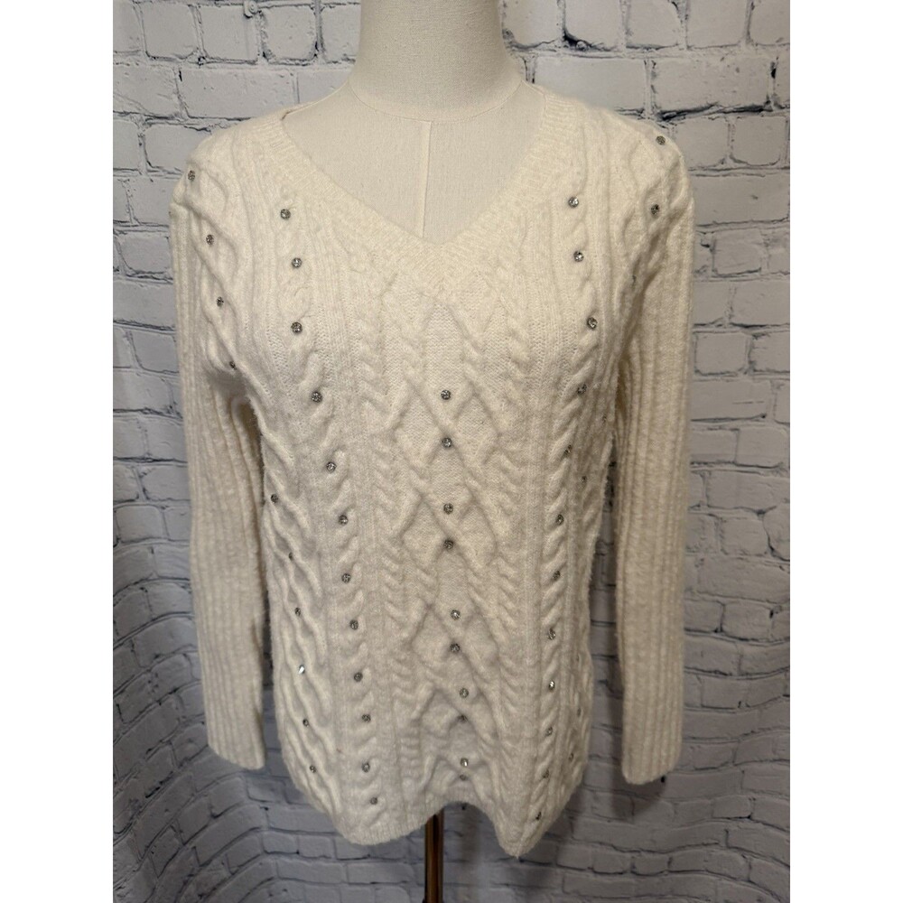 Skye’s The Limit cream V-neck cable-knit sweater With Rhinestones Size Small